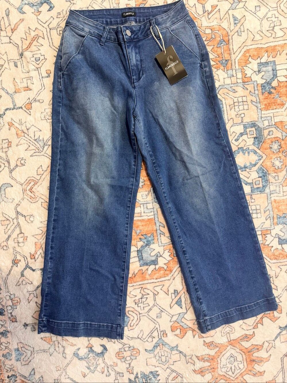 Flamingals High Rise Cropped Wide Leg Denim Jeans Blue Wash Small New